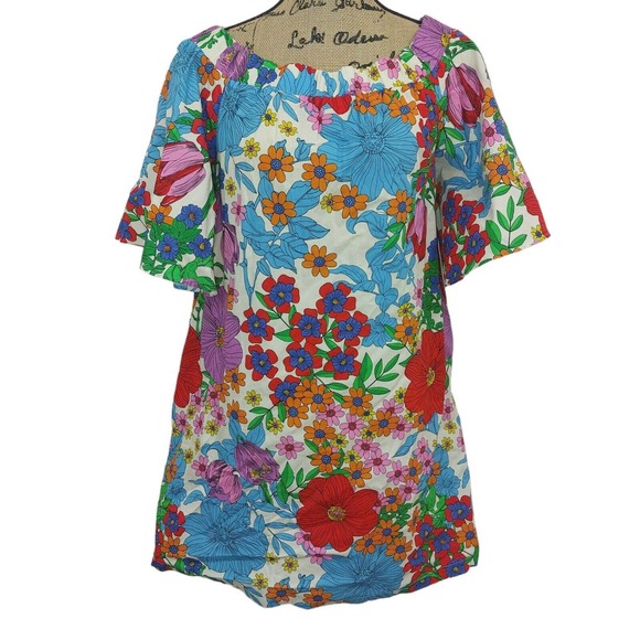 H&M Bright Colorful 60's Style Floral Print Shoulder Flutter Sleeve Dress 6 - Picture 2 of 7